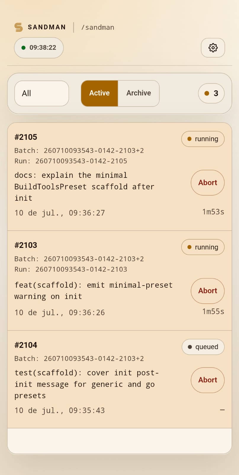 Sandman Portal screenshot showing live runs, a selected run, and the Log tab